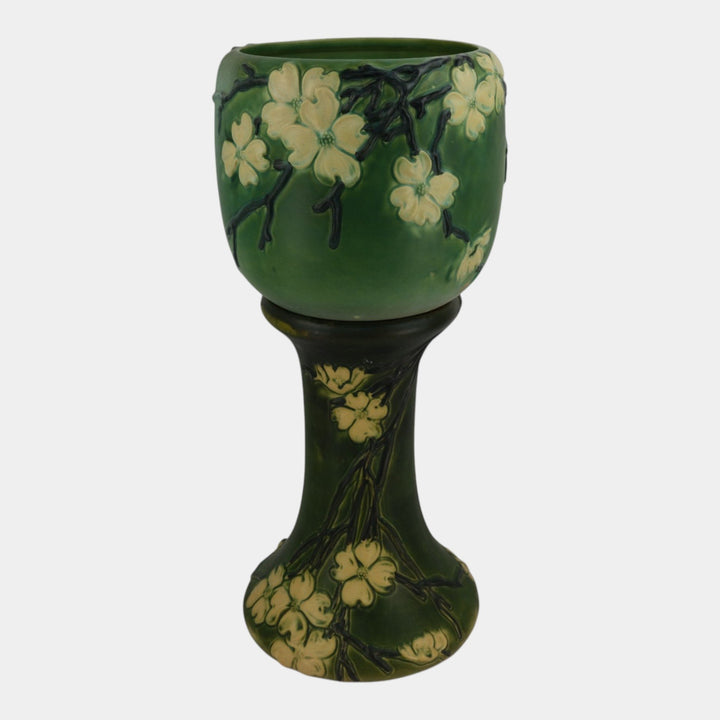 Roseville Dogwood Smooth 1920 Vintage Pottery Green Jardiniere Pedestal 590-10