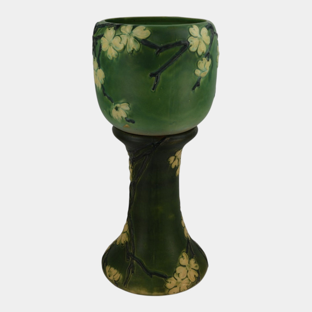 Roseville Dogwood Smooth 1920 Vintage Pottery Green Jardiniere Pedestal 590-10