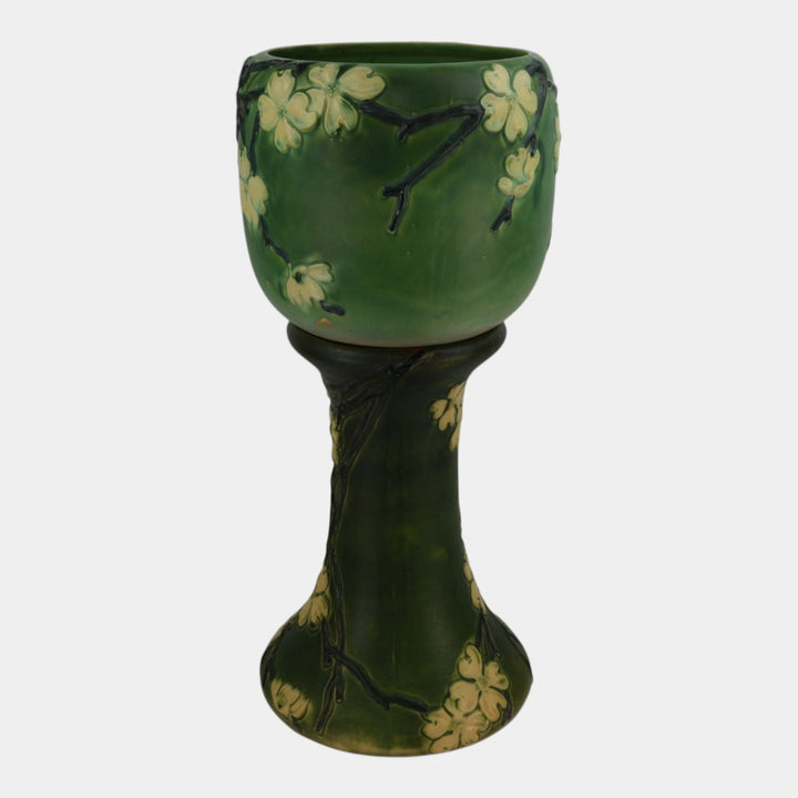 Roseville Dogwood Smooth 1920 Vintage Pottery Green Jardiniere Pedestal 590-10