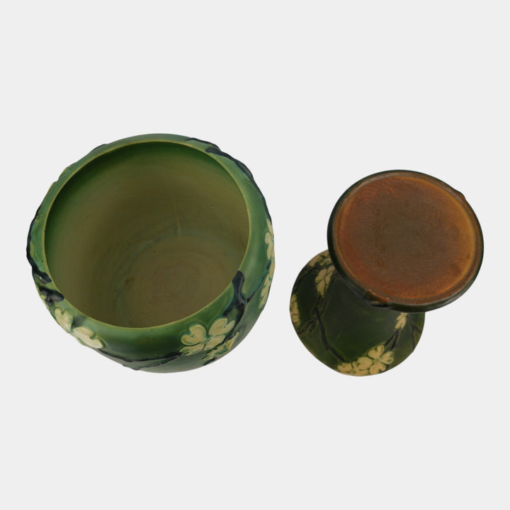 Roseville Dogwood Smooth 1920 Vintage Pottery Green Jardiniere Pedestal 590-10