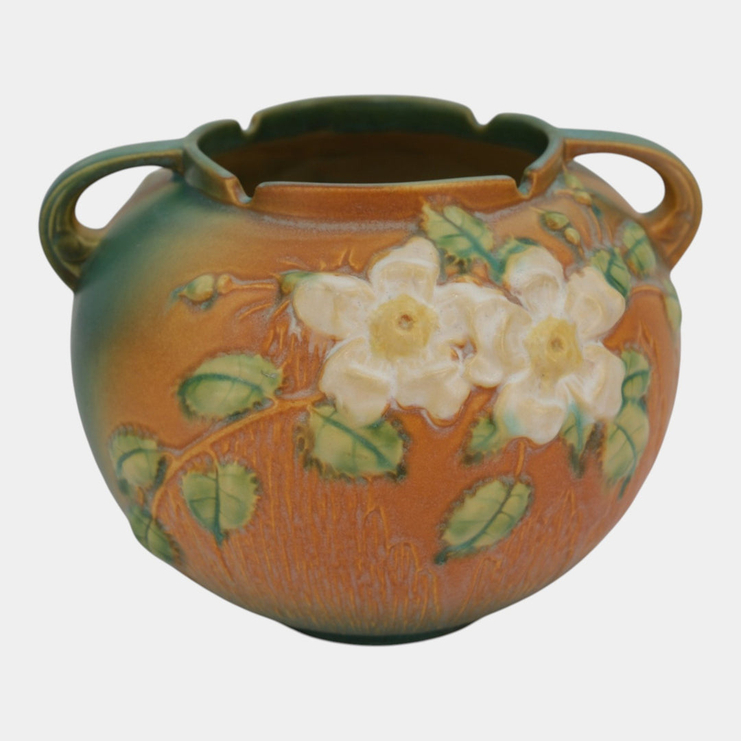 Roseville White Rose Brown 1940 Mid Century Modern Pottery Planter Bowl 388-7