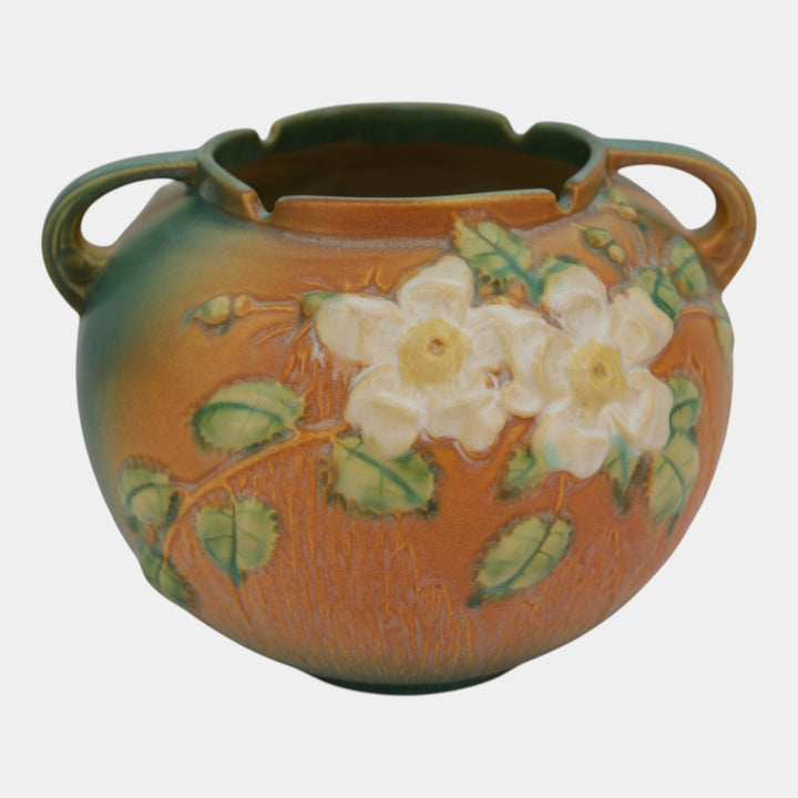 Roseville White Rose Brown 1940 Mid Century Modern Pottery Planter Bowl 388-7