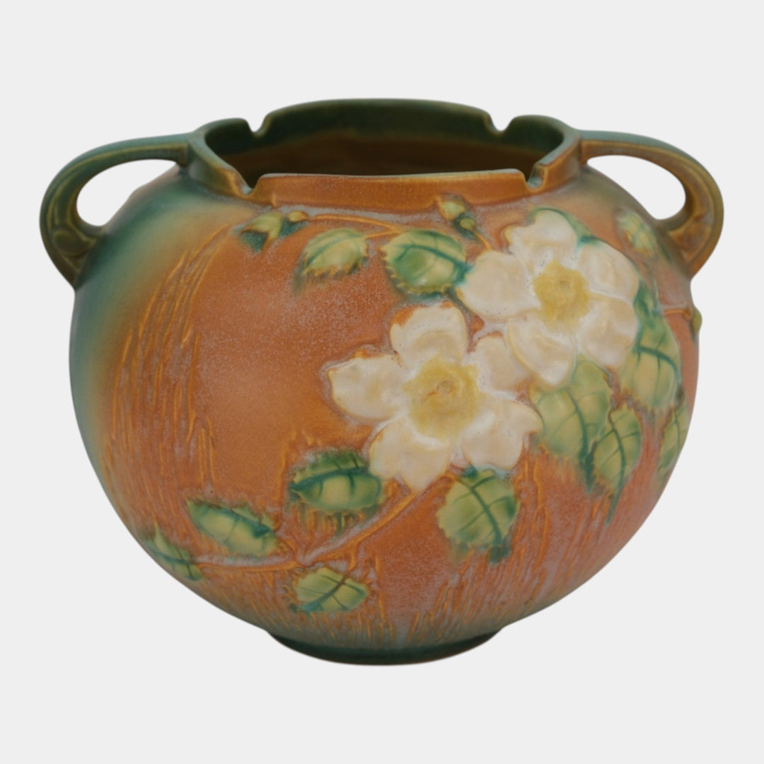 Roseville White Rose Brown 1940 Mid Century Modern Pottery Planter Bowl 388-7
