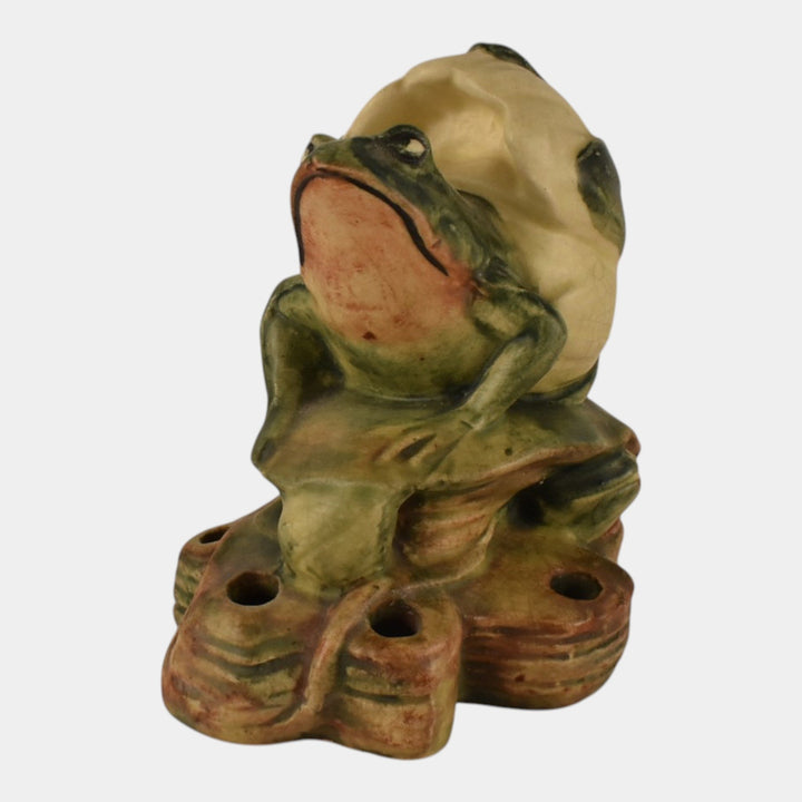 Weller Muskota 1920s Vintage Art Pottery Green Ceramic Frog In Lily Flower Frog