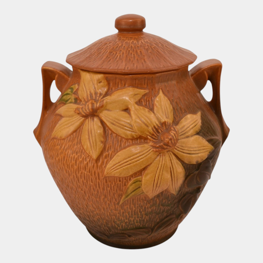 Roseville Clematis Brown 1944 Mid Century Modern Ceramic Cookie Jar 3-8
