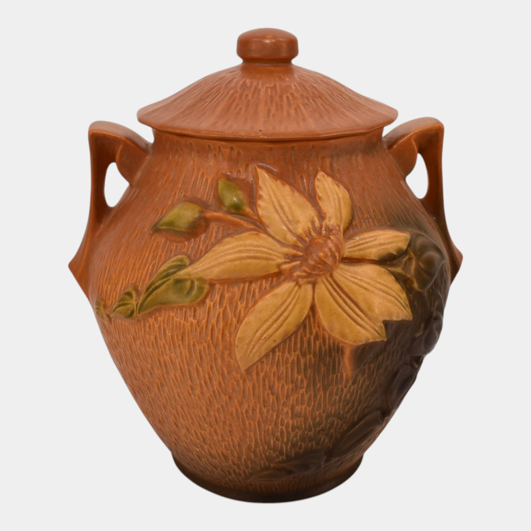 Roseville Clematis Brown 1944 Mid Century Modern Ceramic Cookie Jar 3-8