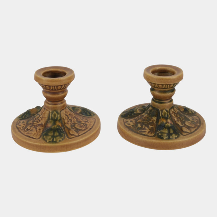 Roseville Florentine Brown 1924 Vintage Art Pottery Candle Holders 1062-4