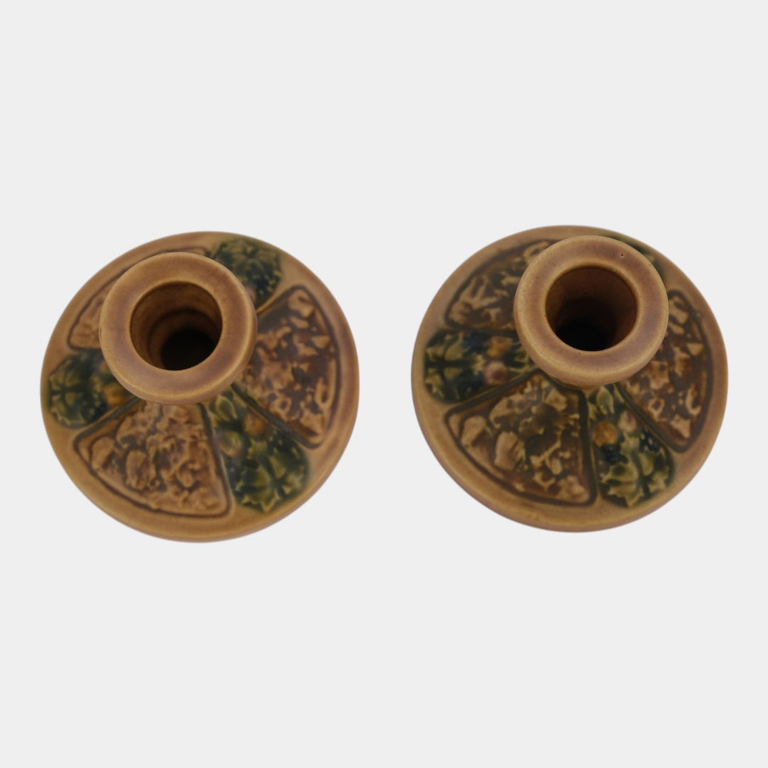 Roseville Florentine Brown 1924 Vintage Art Pottery Candle Holders 1062-4