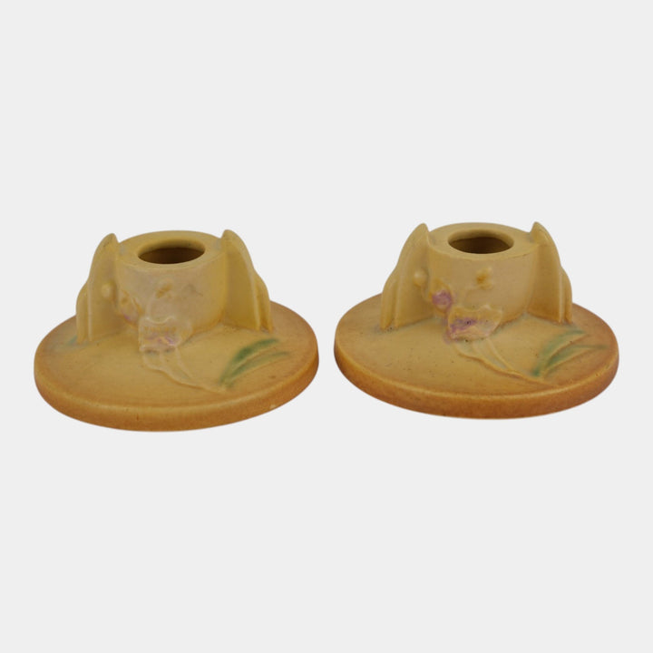 Roseville Ixia Yellow 1937 Vintage Art Deco Pottery Candle Holders 1125-2