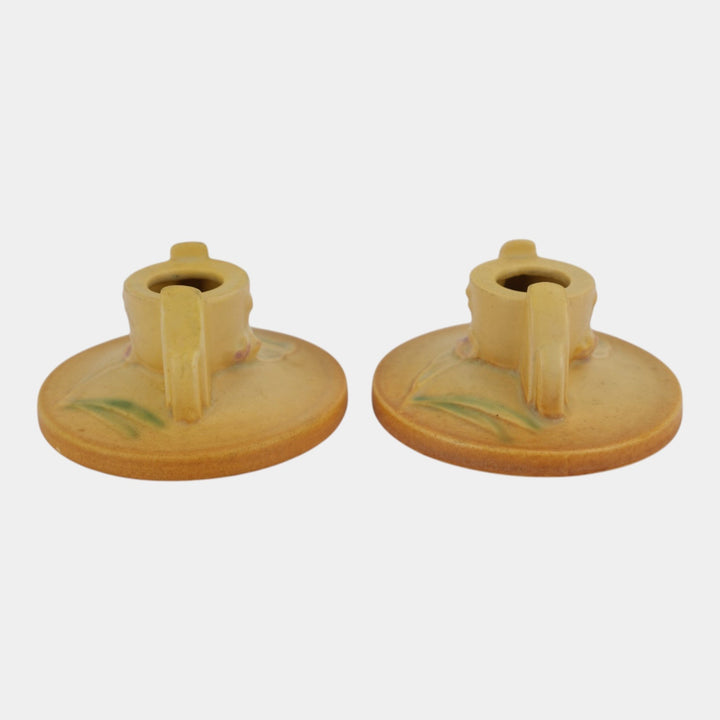 Roseville Ixia Yellow 1937 Vintage Art Deco Pottery Candle Holders 1125-2