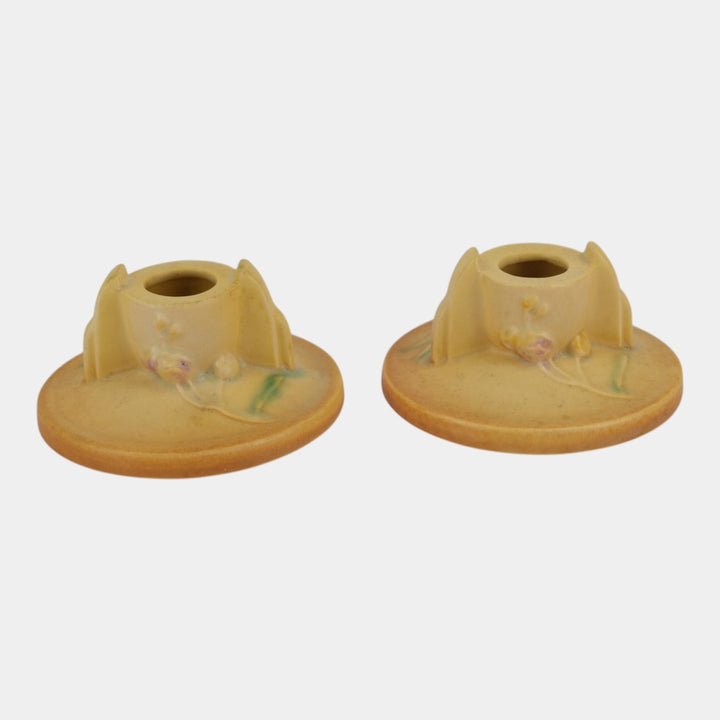Roseville Ixia Yellow 1937 Vintage Art Deco Pottery Candle Holders 1125-2