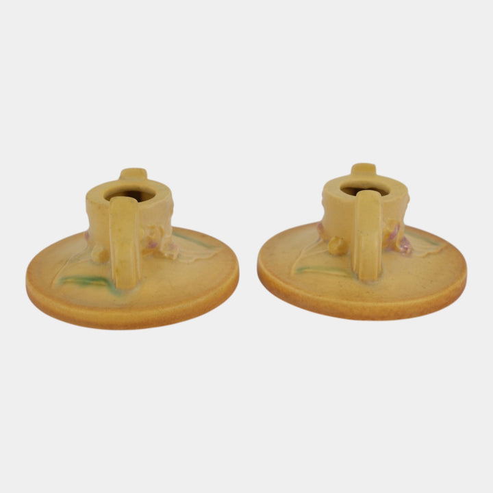 Roseville Ixia Yellow 1937 Vintage Art Deco Pottery Candle Holders 1125-2