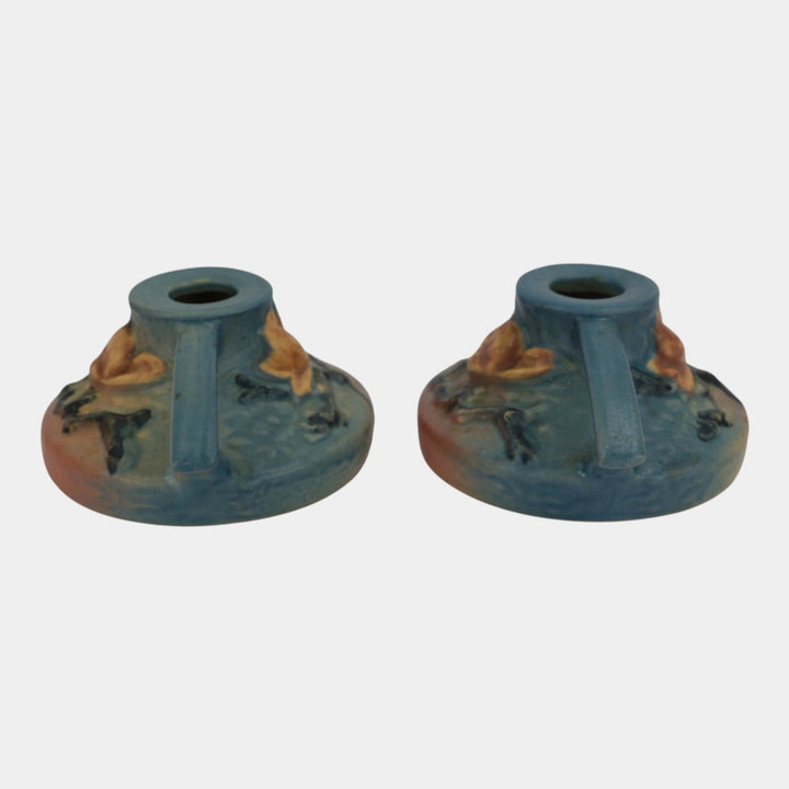 Roseville Magnolia Blue 1943 Mid Century Modern Pottery Candle Holders 1156-2