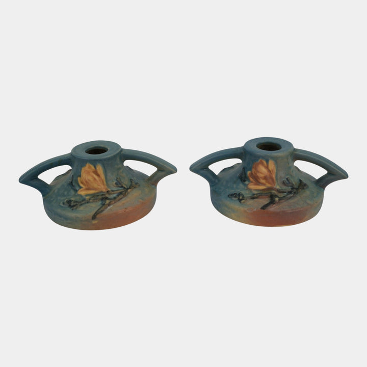 Roseville Magnolia Blue 1943 Mid Century Modern Pottery Candle Holders 1156-2