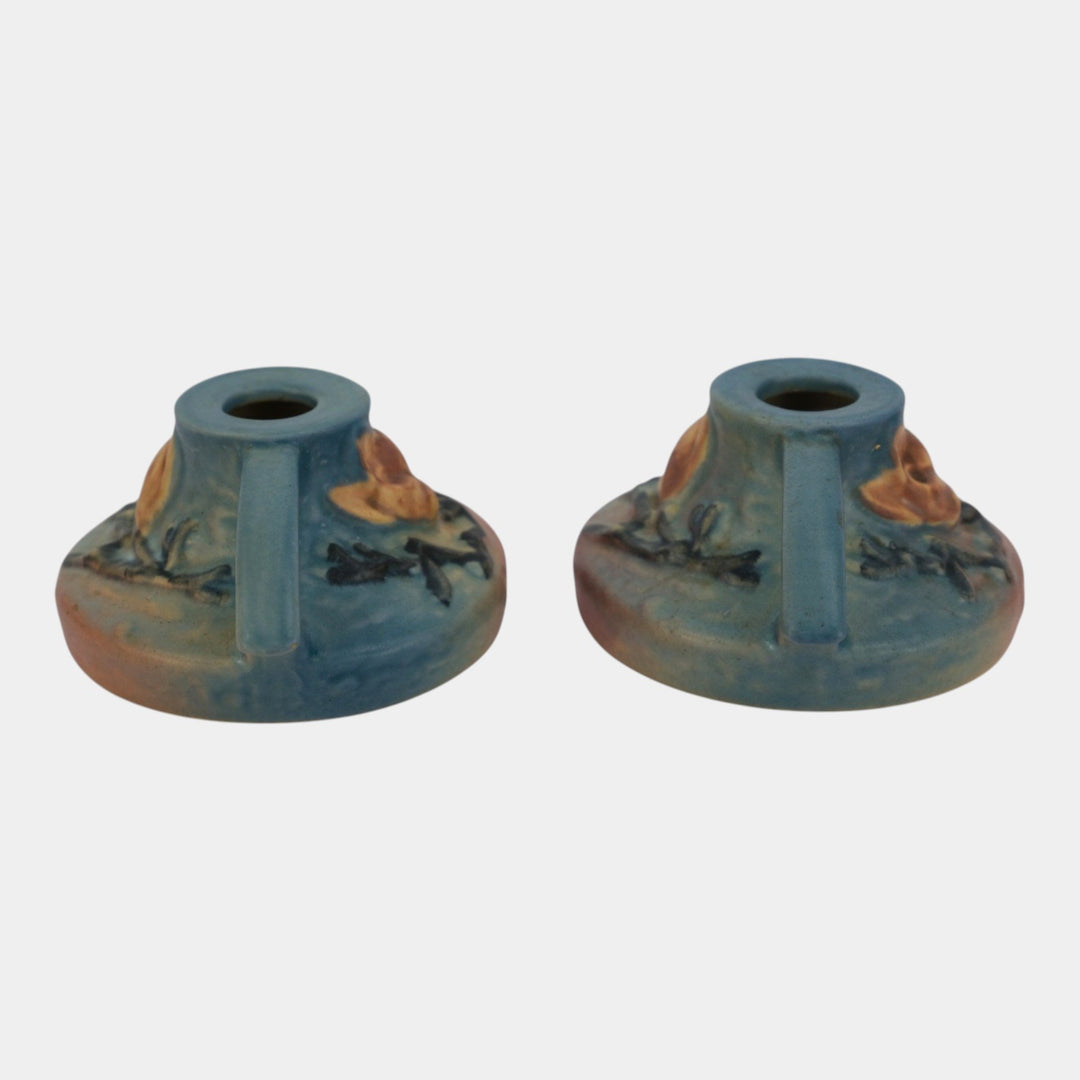 Roseville Magnolia Blue 1943 Mid Century Modern Pottery Candle Holders 1156-2