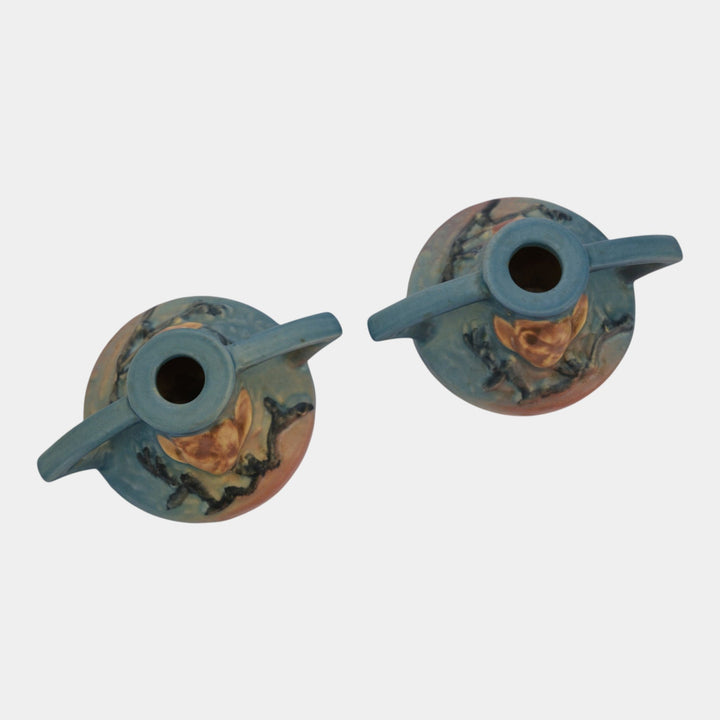 Roseville Magnolia Blue 1943 Mid Century Modern Pottery Candle Holders 1156-2