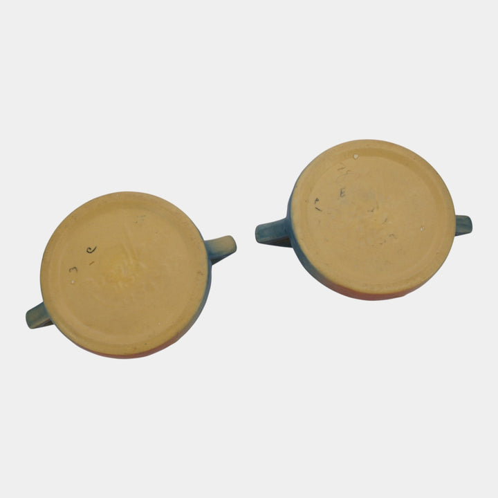 Roseville Magnolia Blue 1943 Mid Century Modern Pottery Candle Holders 1156-2