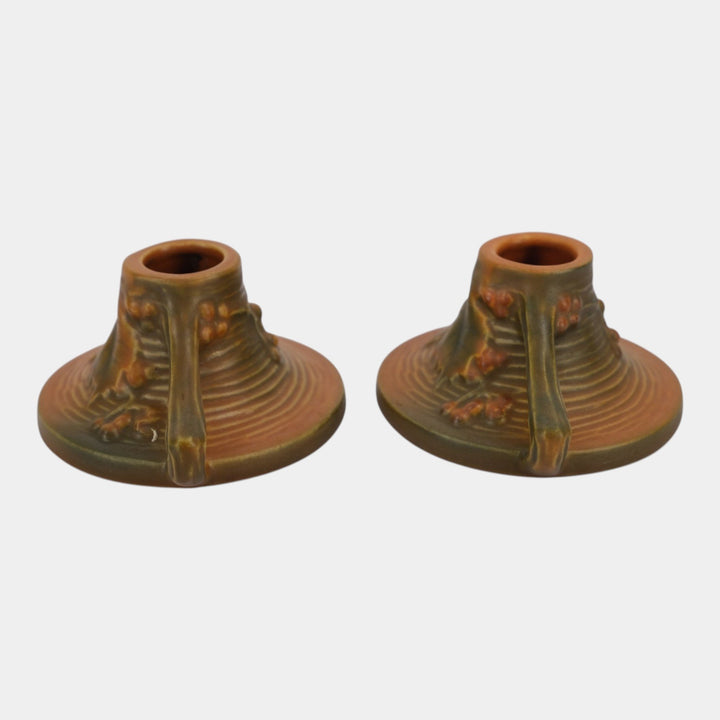 Roseville Bushberry Russet 1941 Vintage Art Pottery Ceramic Candle Holders 1147
