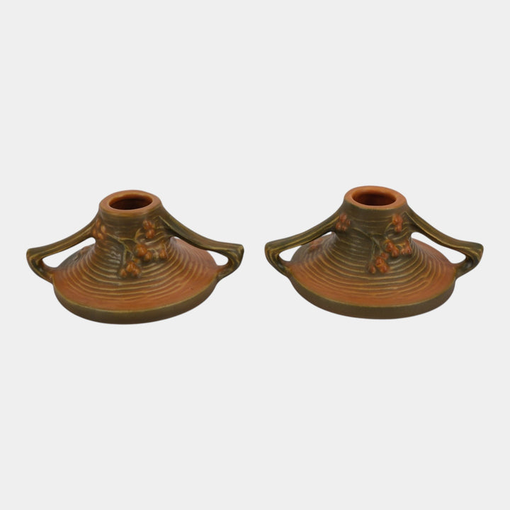 Roseville Bushberry Russet 1941 Vintage Art Pottery Ceramic Candle Holders 1147