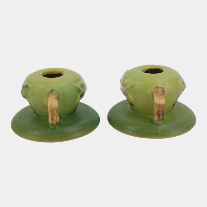 Roseville Apple Blossom Green 1949 Mid Century Modern Pottery Candle Holders 351
