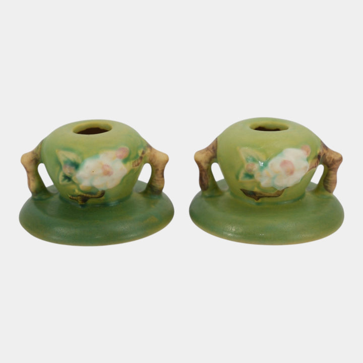Roseville Apple Blossom Green 1949 Mid Century Modern Pottery Candle Holders 351
