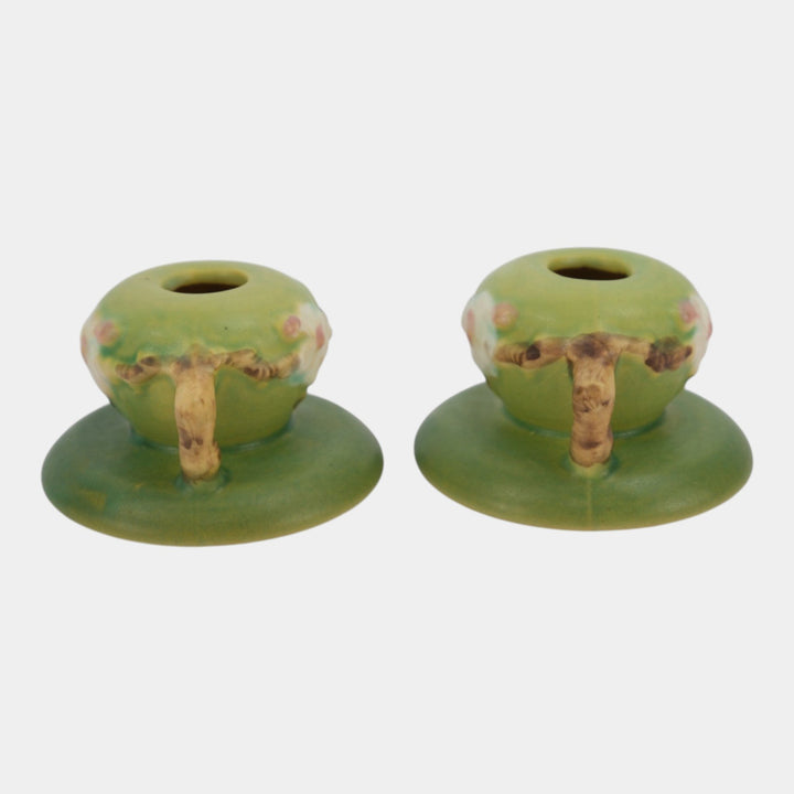 Roseville Apple Blossom Green 1949 Mid Century Modern Pottery Candle Holders 351