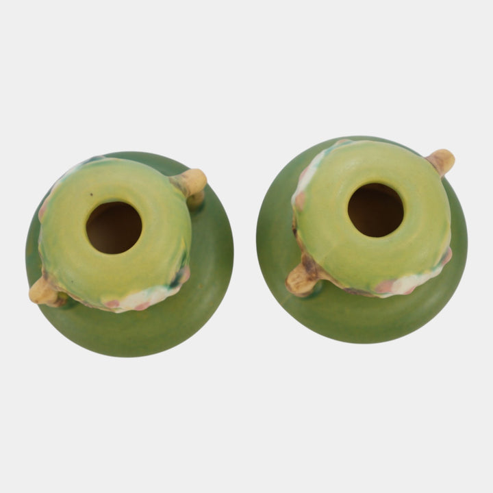 Roseville Apple Blossom Green 1949 Mid Century Modern Pottery Candle Holders 351