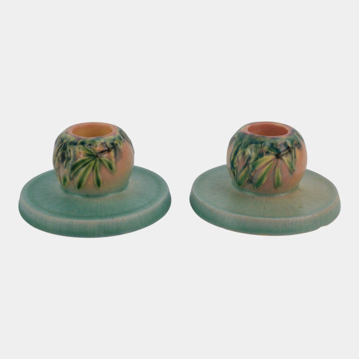Roseville Moss Pink 1936 Vintage Art Deco Pottery Ceramic Candle Holders 1109
