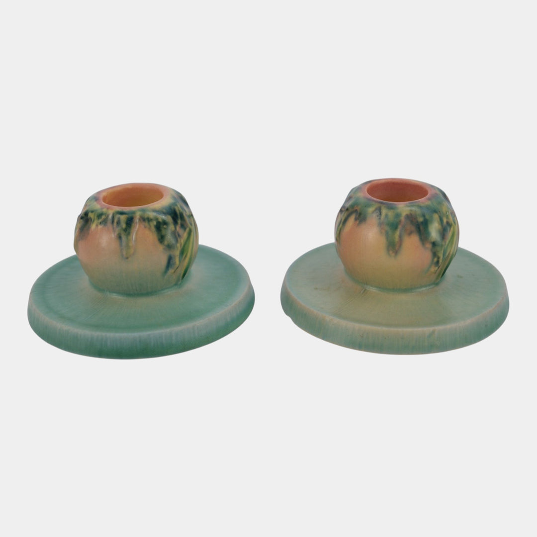 Roseville Moss Pink 1936 Vintage Art Deco Pottery Ceramic Candle Holders 1109