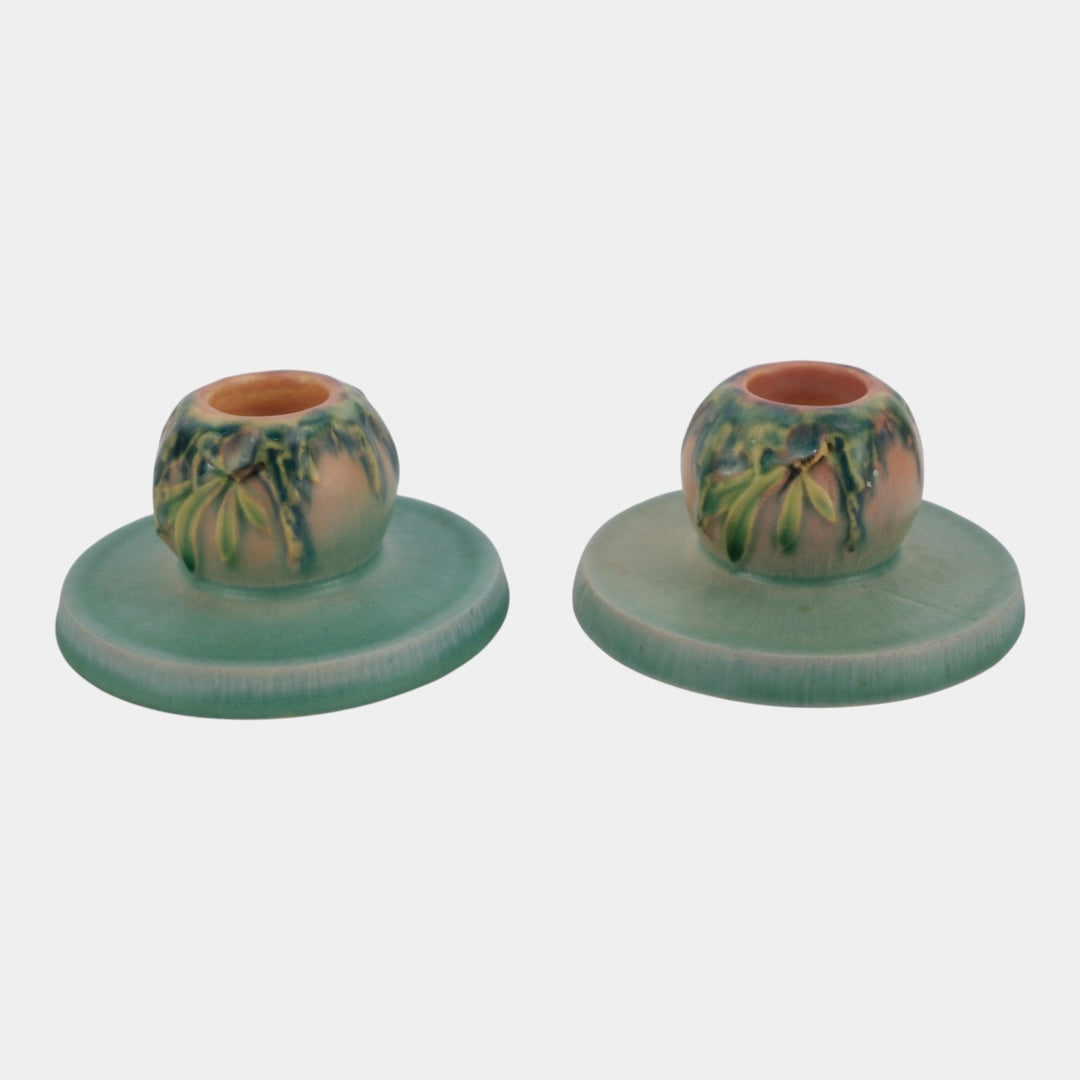 Roseville Moss Pink 1936 Vintage Art Deco Pottery Ceramic Candle Holders 1109