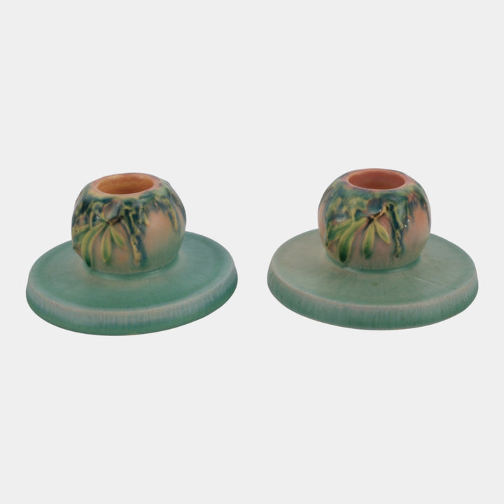 Roseville Moss Pink 1936 Vintage Art Deco Pottery Ceramic Candle Holders 1109