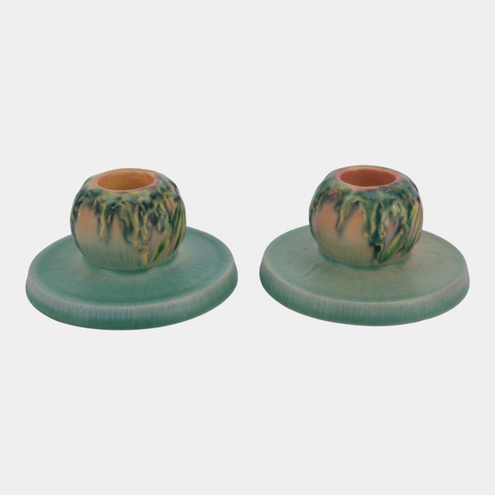 Roseville Moss Pink 1936 Vintage Art Deco Pottery Ceramic Candle Holders 1109