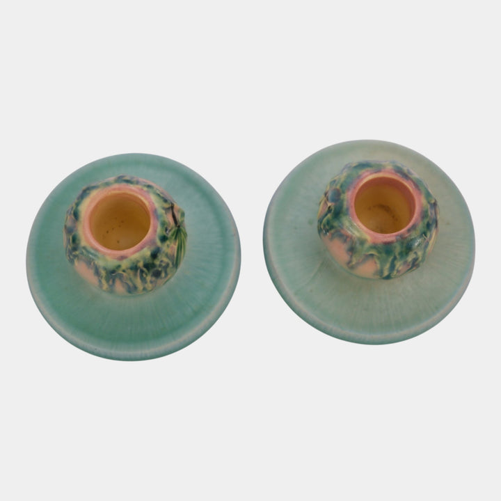 Roseville Moss Pink 1936 Vintage Art Deco Pottery Ceramic Candle Holders 1109