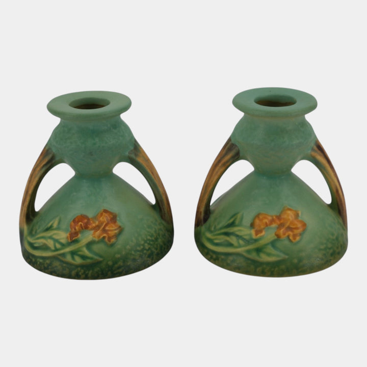 Roseville Bittersweet Green 1951 Mid Century Modern Ceramic Candle Holders 851-3