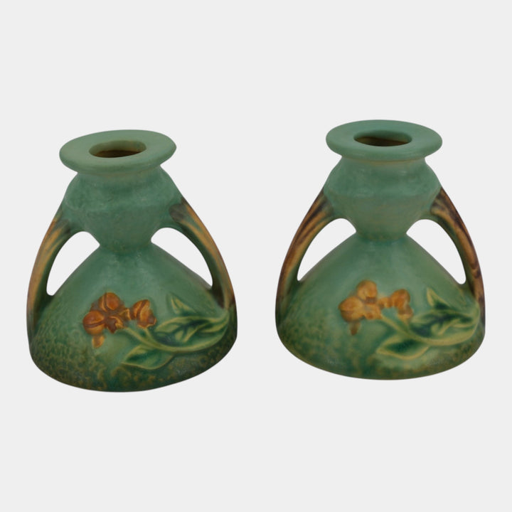 Roseville Bittersweet Green 1951 Mid Century Modern Ceramic Candle Holders 851-3