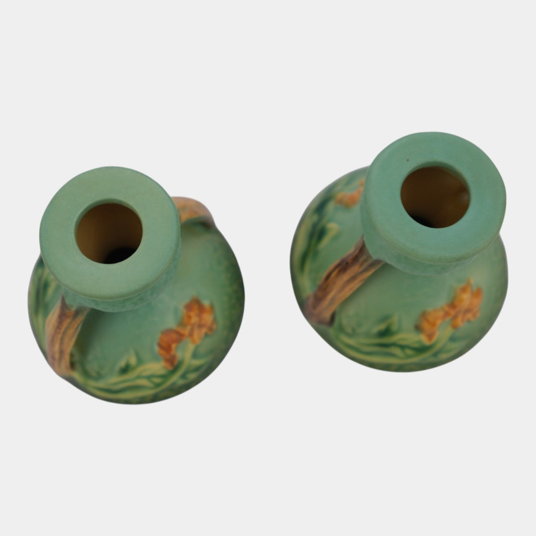 Roseville Bittersweet Green 1951 Mid Century Modern Ceramic Candle Holders 851-3