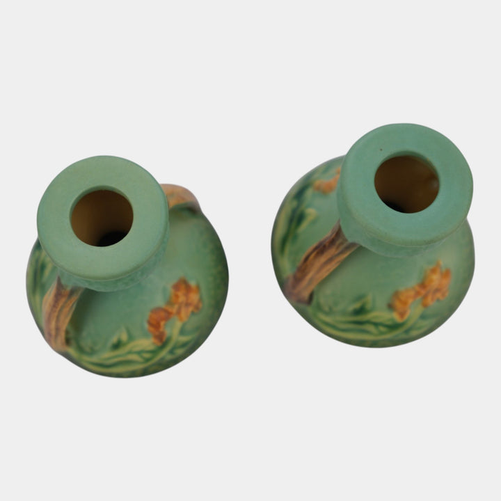 Roseville Bittersweet Green 1951 Mid Century Modern Ceramic Candle Holders 851-3
