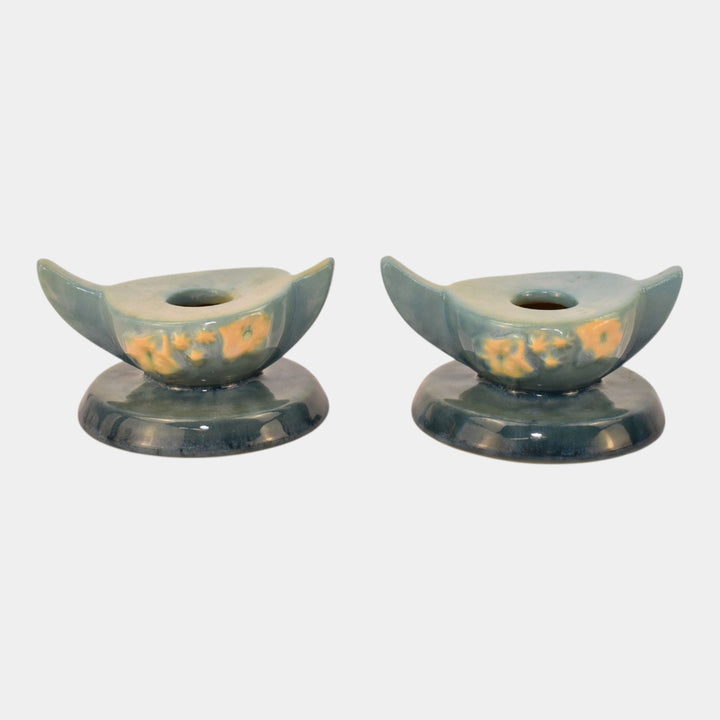 Roseville Wincraft Blue 1948 Mid Century Modern Pottery Candle Holders 251