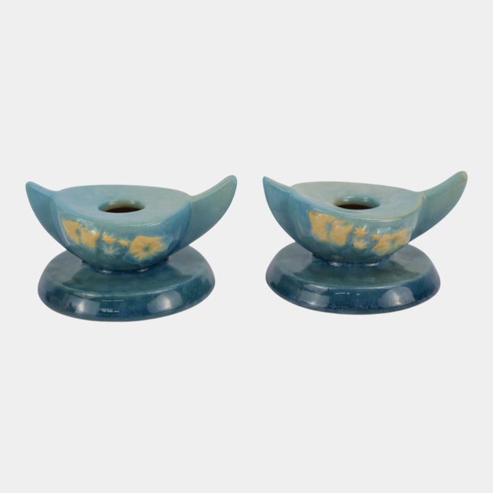 Roseville Wincraft Blue 1948 Mid Century Modern Pottery Candle Holders 251