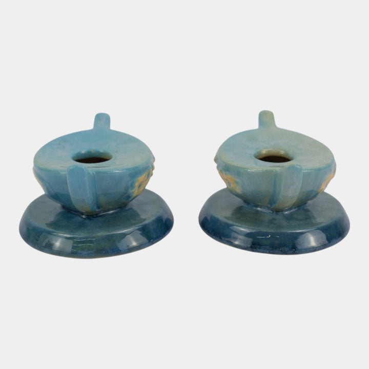 Roseville Wincraft Blue 1948 Mid Century Modern Pottery Candle Holders 251