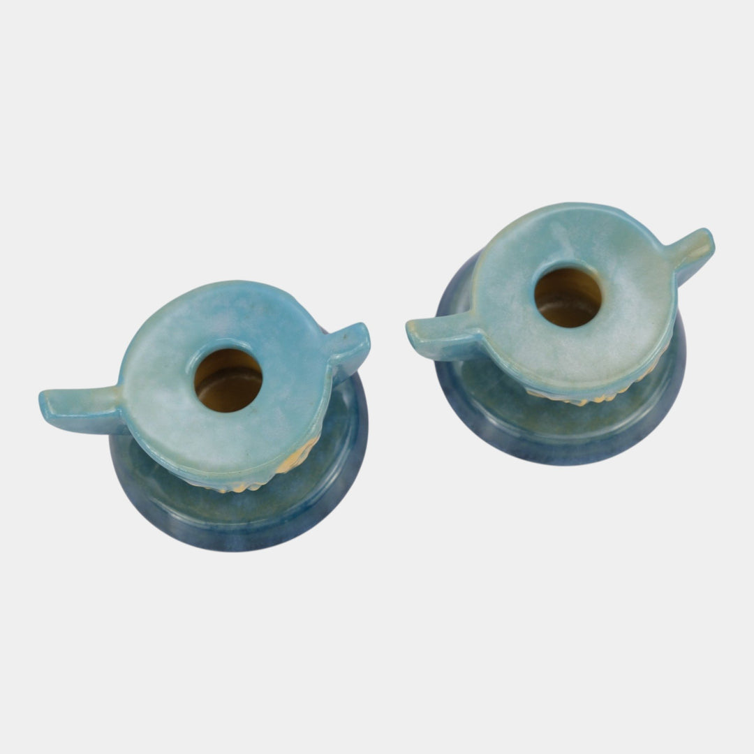 Roseville Wincraft Blue 1948 Mid Century Modern Pottery Candle Holders 251