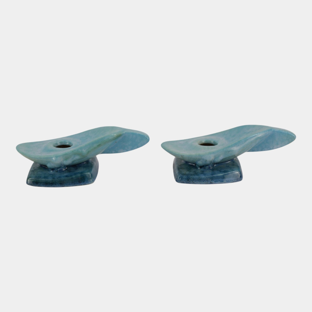 Roseville Wincraft Blue 1948 Mid Century Modern Pottery Candle Holders 252