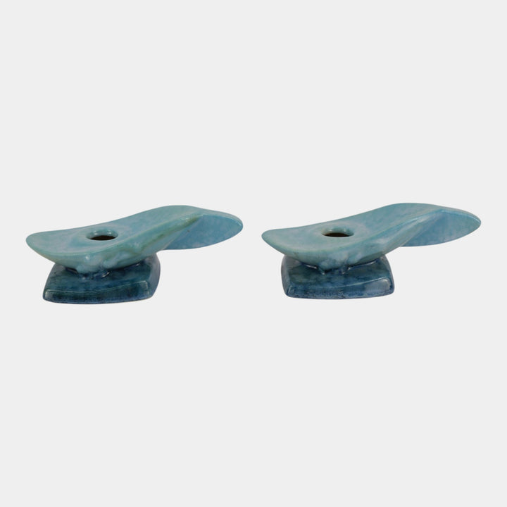 Roseville Wincraft Blue 1948 Mid Century Modern Pottery Candle Holders 252