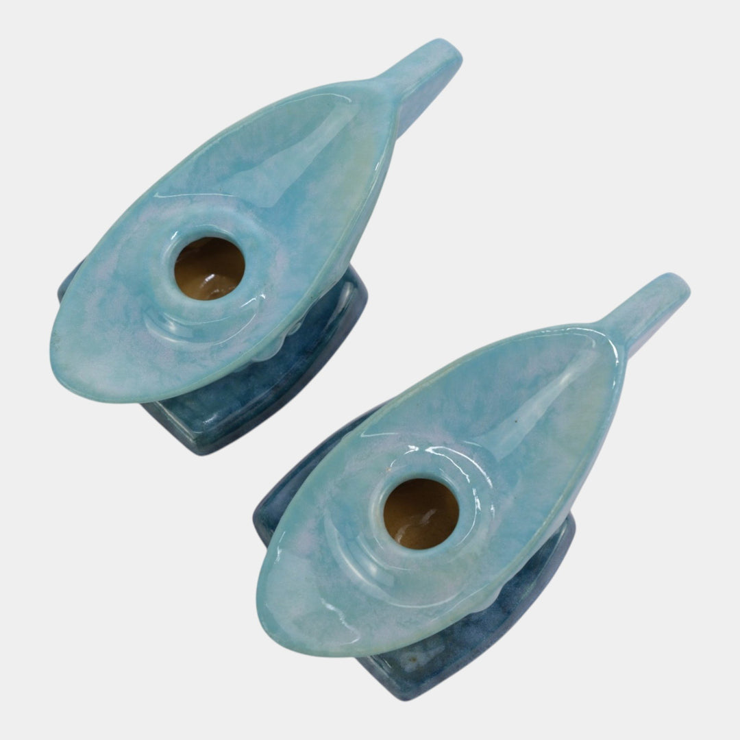 Roseville Wincraft Blue 1948 Mid Century Modern Pottery Candle Holders 252