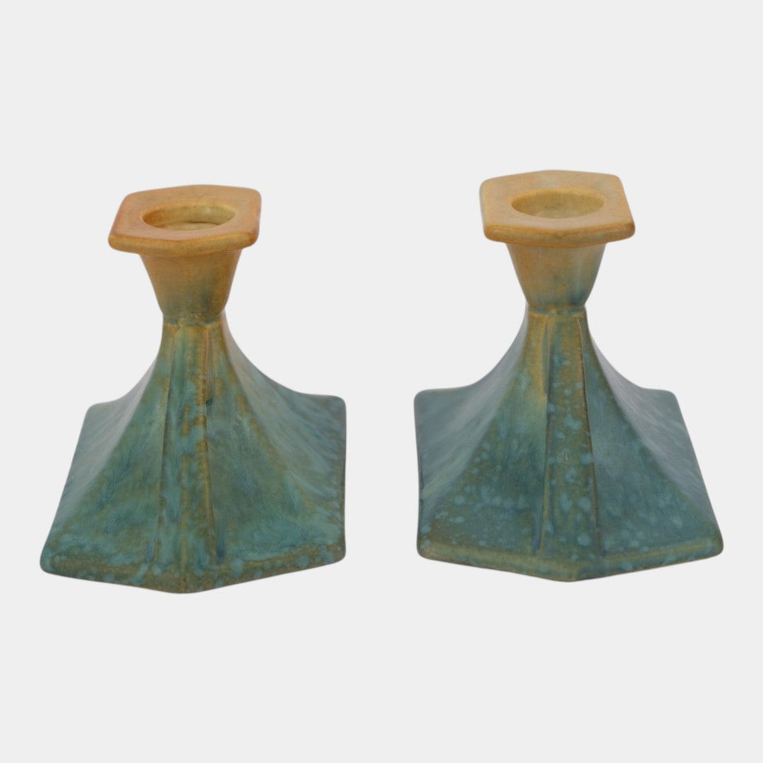 Roseville Futura Blue 1928 Vintage Art Pottery Candle Holders 1064-3