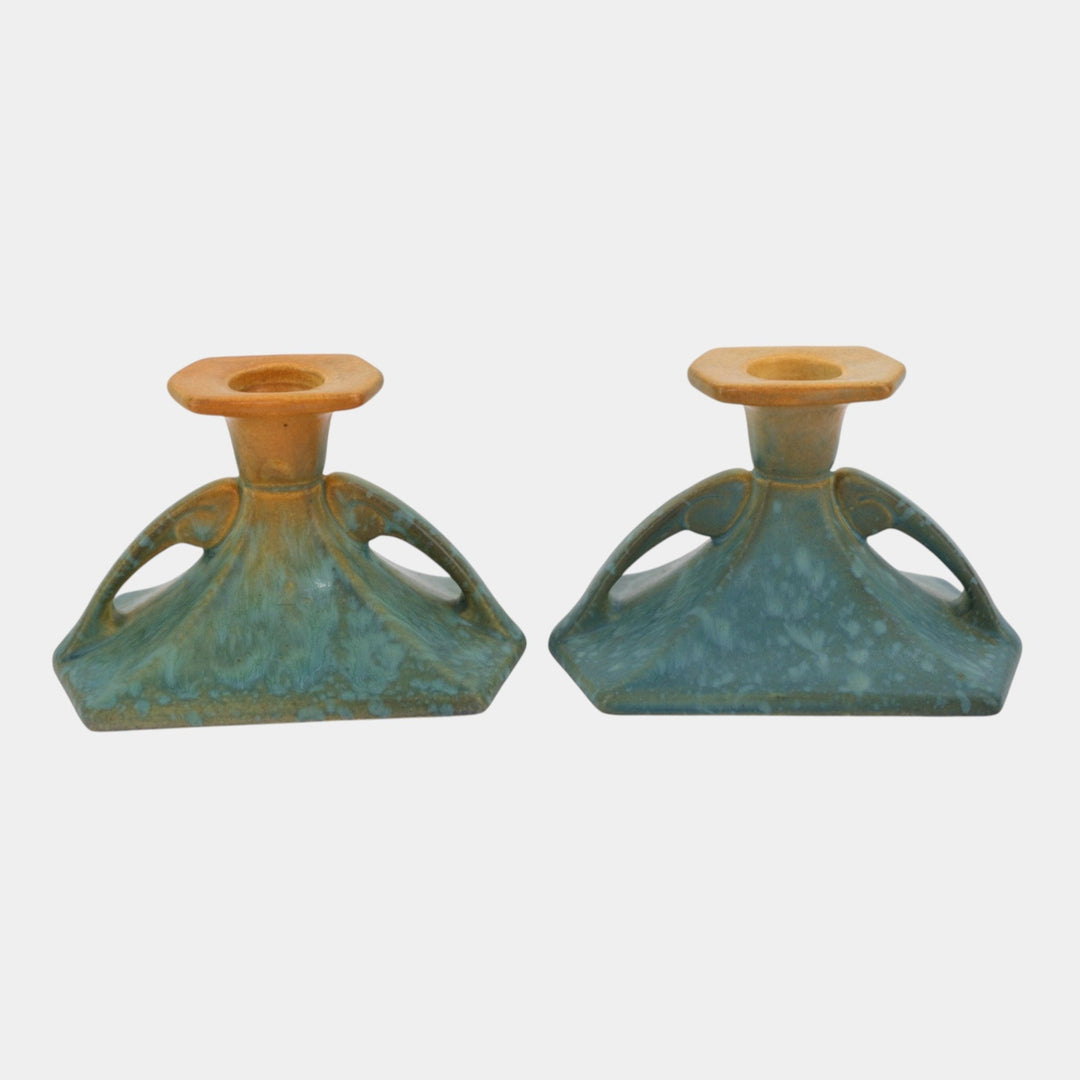 Roseville Futura Blue 1928 Vintage Art Pottery Candle Holders 1064-3