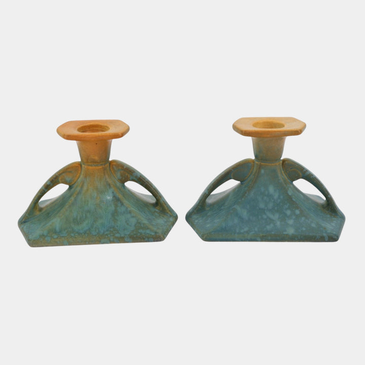 Roseville Futura Blue 1928 Vintage Art Pottery Candle Holders 1064-3