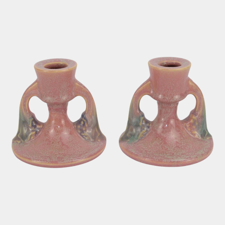 Roseville Tuscany Pink 1927 Vintage Art Deco Pottery Candle Holders 1066-3