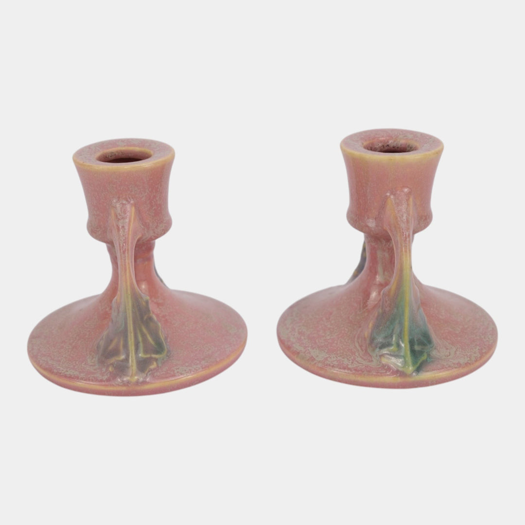 Roseville Tuscany Pink 1927 Vintage Art Deco Pottery Candle Holders 1066-3