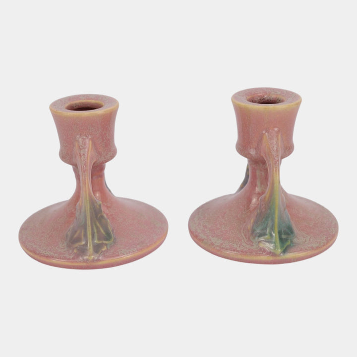 Roseville Tuscany Pink 1927 Vintage Art Deco Pottery Candle Holders 1066-3